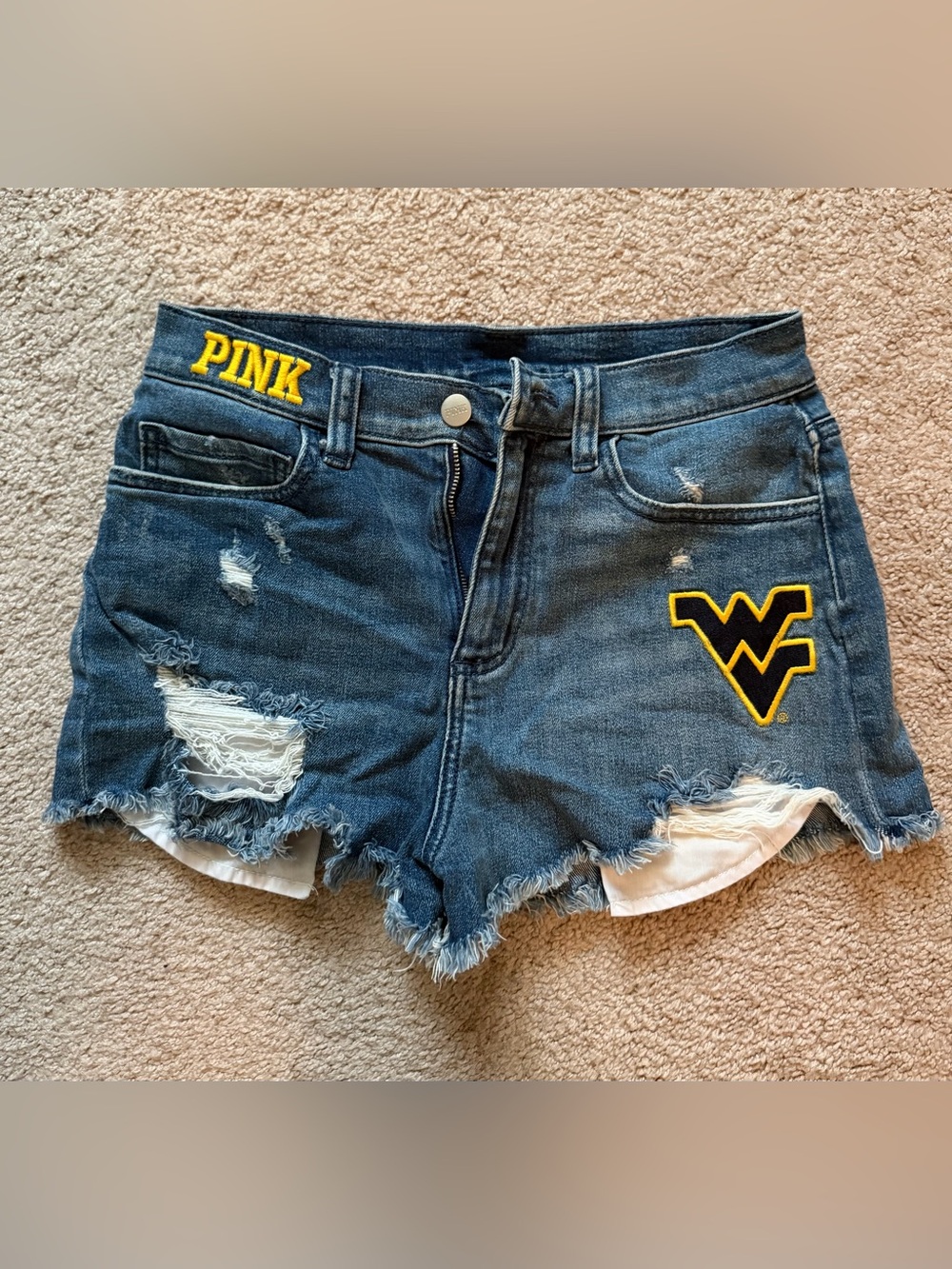 PINK WVU Distressed Denim Shorts